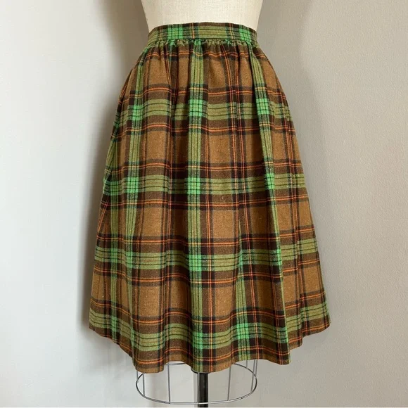 VTG 70s Wool Skirt Olive Orange Plaid Pockets A-line Full Sz S - Picture 1 of 4